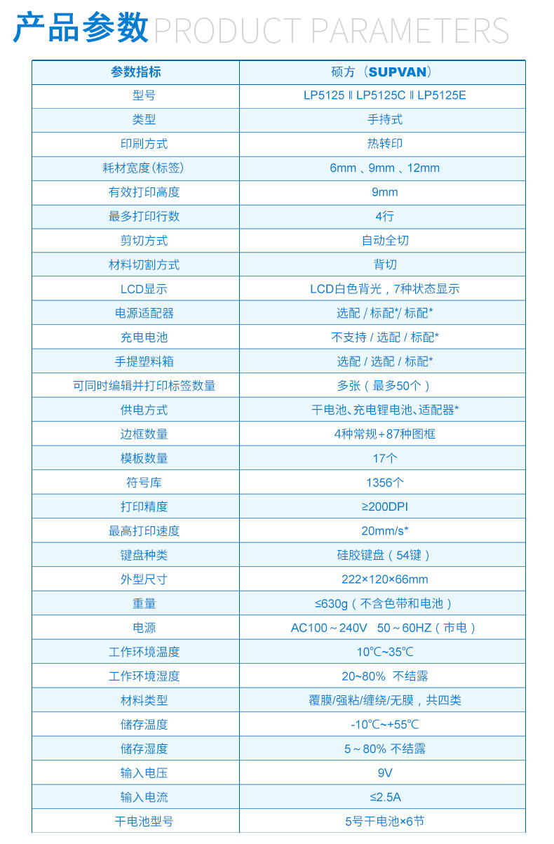 硕方便携式标签机LP5125/C/E性能参数