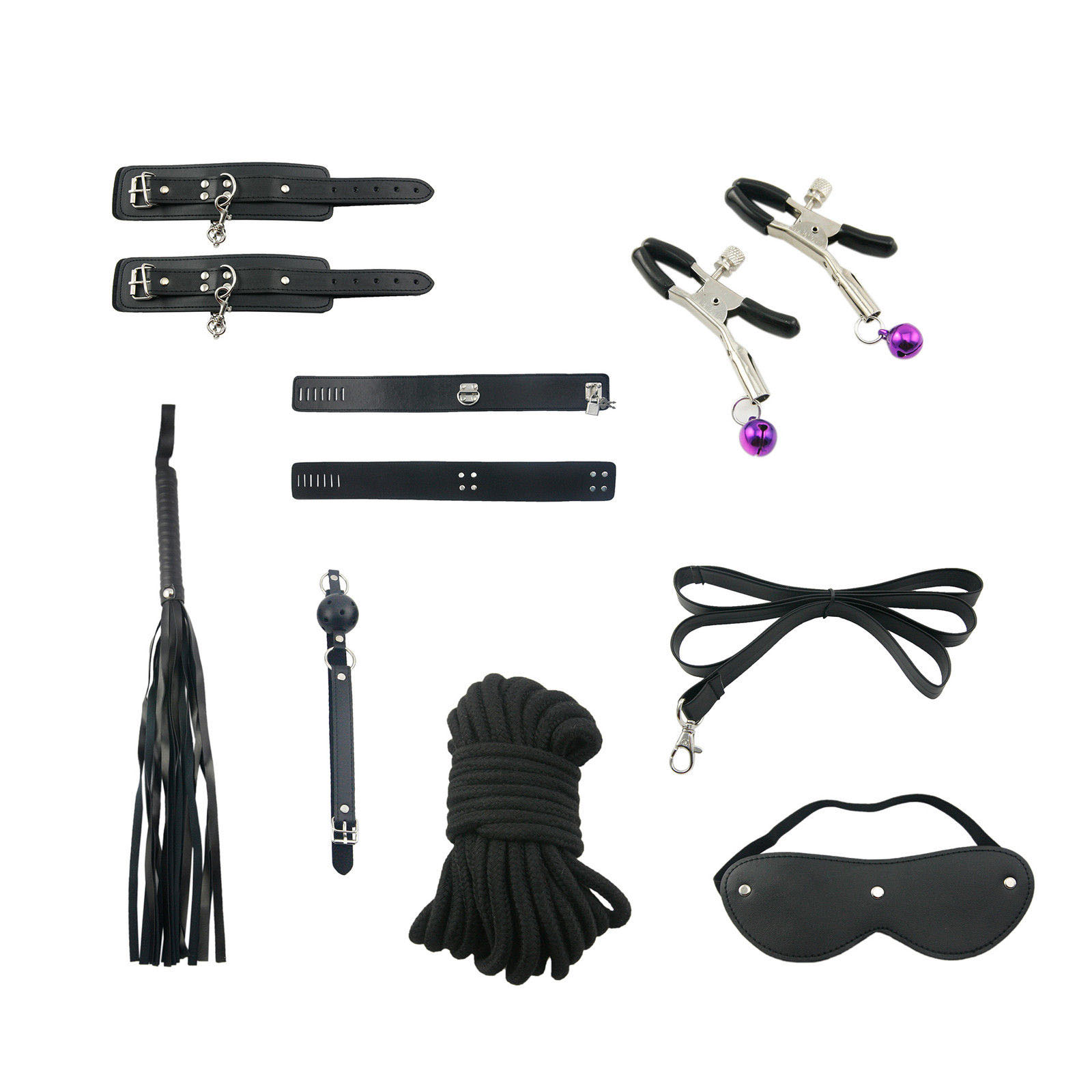 8pcs Bondage Kit Set Neck Collar Whip Ball Gag Handcuffs Rope Fur Sex