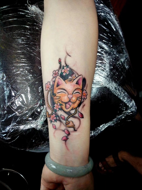 招财猫纹身寓意、小臂猫纹身、龙族纹身作品